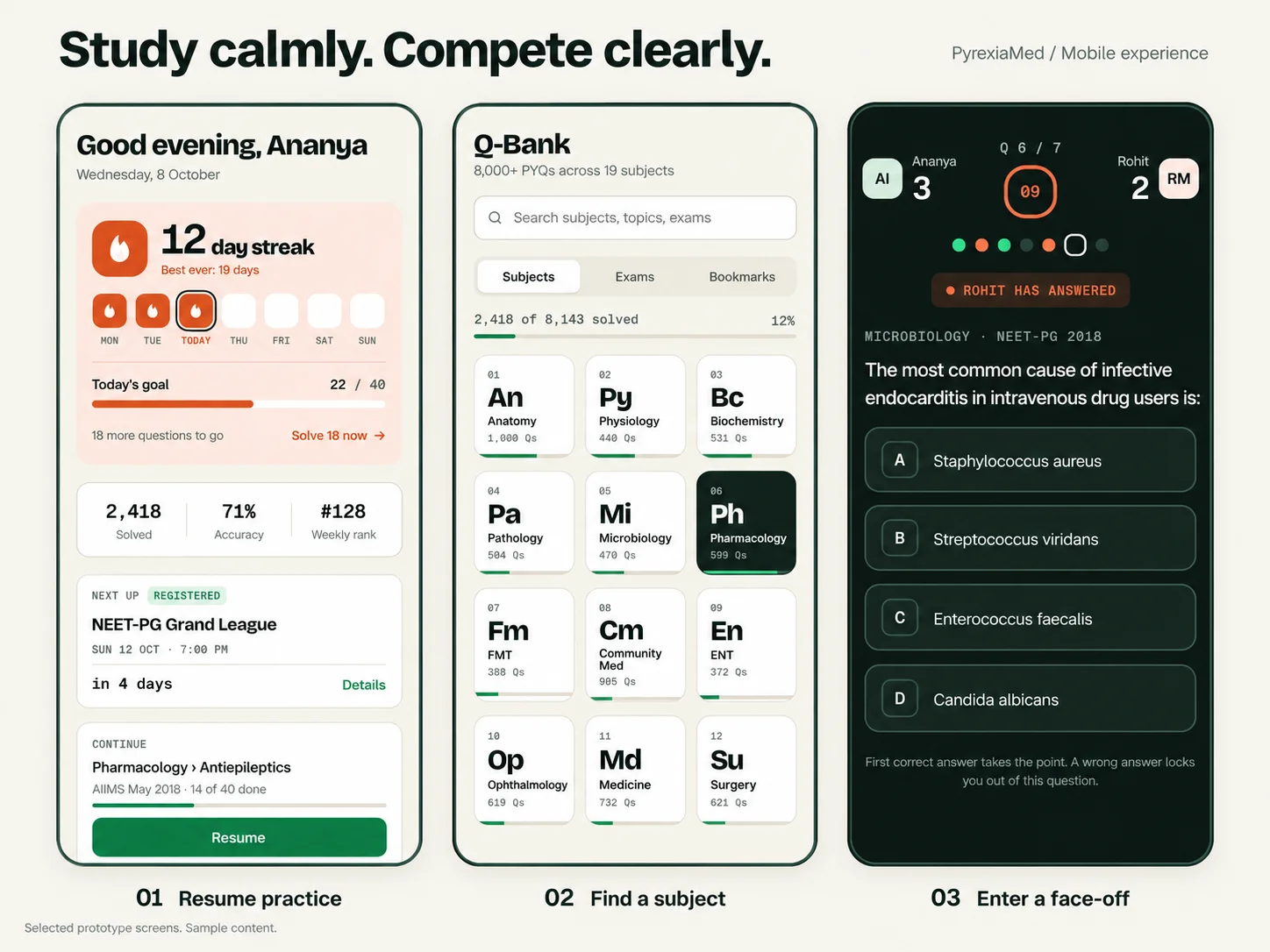 Composed presentation of original mobile prototype screens. The current task, large answer targets and bottom navigation lead the hierarchy.