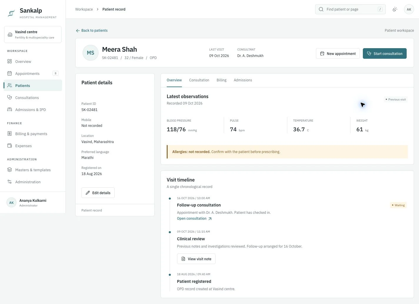 Original design prototype: observations, history and linked workflows for a fictional patient.