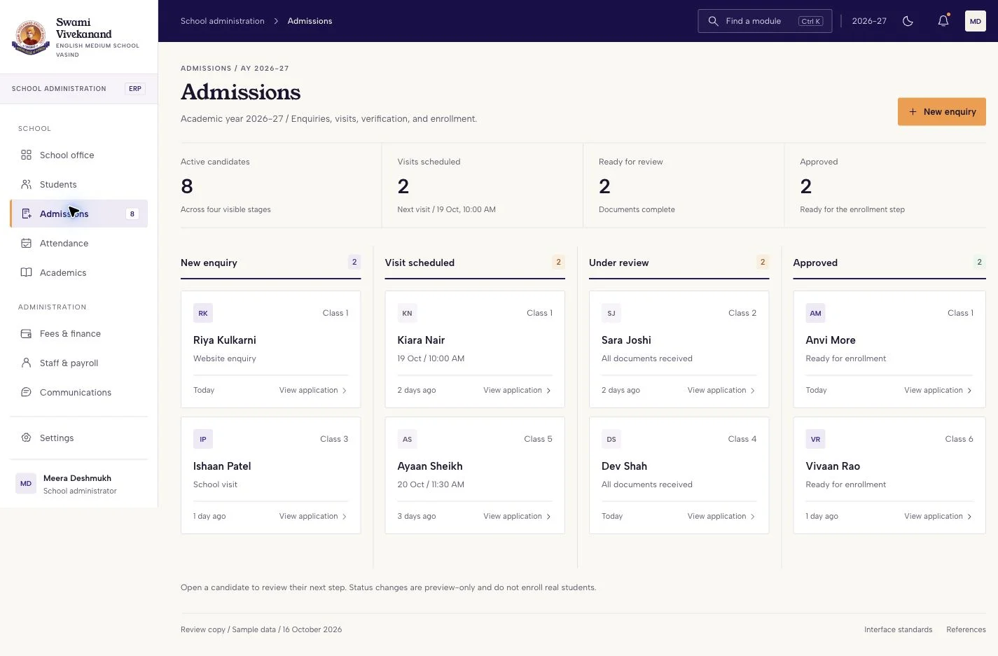 A staged application board with document readiness and next actions. Fictional applicants.