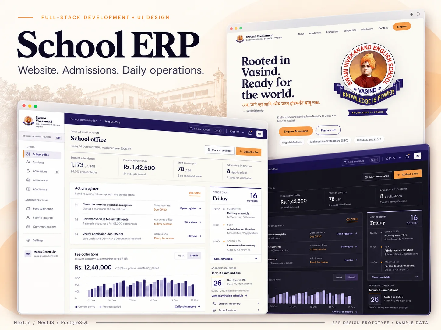 AI-composed presentation using the public website and original ERP prototype captures. Sample records and amounts.